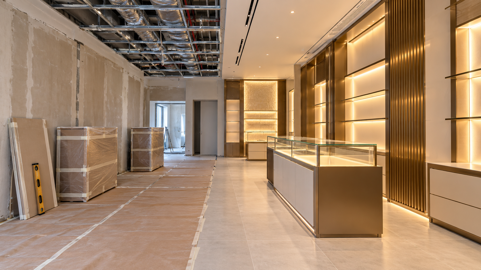Retail showroom mid fit-out with display fixtures being installed before opening