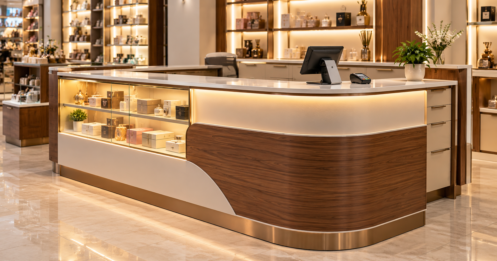 Retail shop counter design with display top and branded front panel